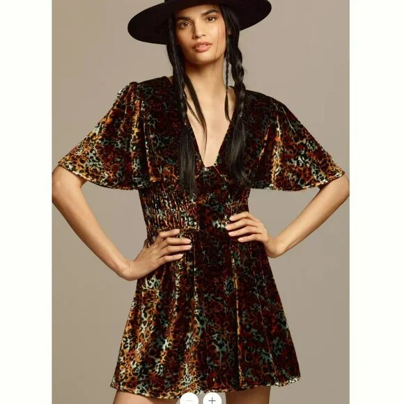 By Anthropologie Short-Sleeve Velvet Mini Dress - Picture 1 of 12